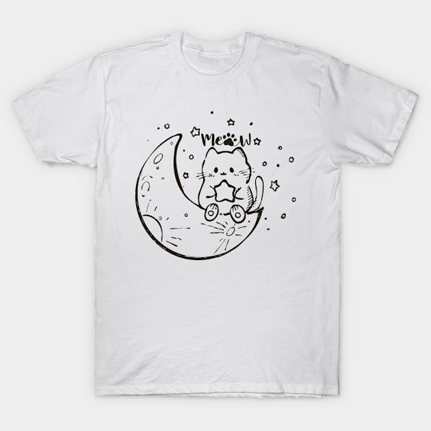 Cute Illustartion Cat With Moon Meow Cat T-Shirt by ShirtyArt